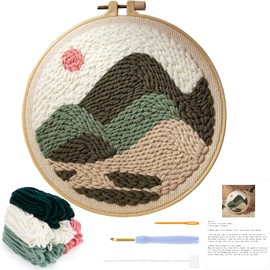 JSRQT Punch Needle Embroidery Starter Kits,Rug Hooking Beginner Kit for Kids and Adults, Punch Needle Fabric with Threader,Yarns and Embroidery Hoops,High Mountain Pattern