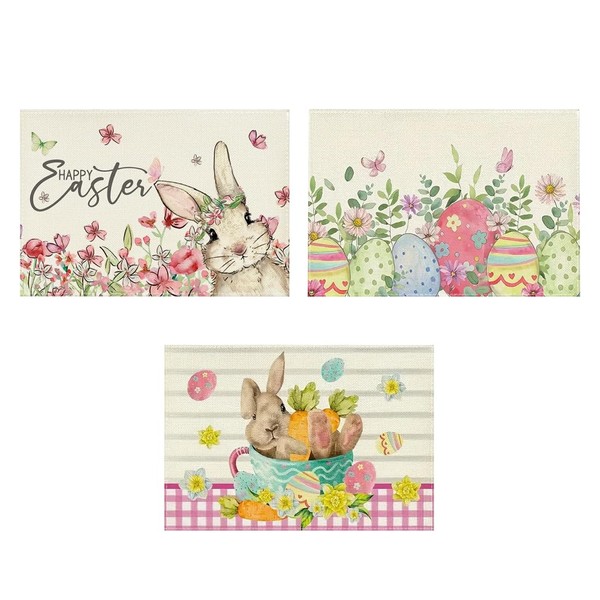 VPOUERY Set of 3 Easter Place Mats Merry Eggs Flowers