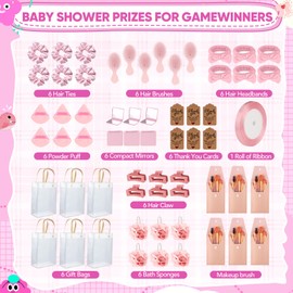 6 Sets Baby Shower Prizes for Winners Gifts Baby Shower Favors including Headband Hair Brush Compact Mirror Bath Sponges Powder Puff Hair Tie Claw Makeup Brushes Gift Bag Bridal Shower(Pink)