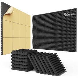 Upgraded 36 Pack Self-Adhesive Sound Proof Foam Panels for Walls 2" X 12" X 12"， Fast Expand Acoustic Panels with High Density, Pyramid Soundproof Wall Panels for Studio and Home Noise Reduction Black