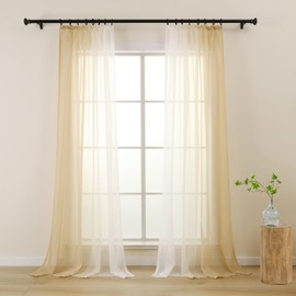 L.Z.E Curtains Colour Gradient with Ruffle Tape Curtain Beige White for Living Room Children Girls Bedroom Window Transparent Set of 2 Voile Curtains Scarf 140 x 225 cm Long (LZE2220T-BG225)