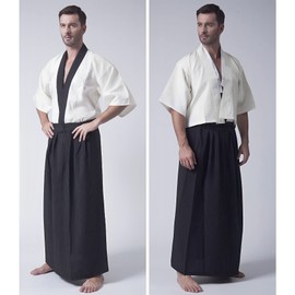 KRUIHAN Japanese Kimono Men's Yukata Kimono Robe Japanese Traditional Samurai Uniform Cosplay Costume Japanese Style Clothing Haori Jacket Top Hakama Skirt Set, One Size, beige