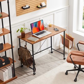 Mericonia 40 Inch Small Computer Desk with Wheels, Gaming Desk for Small Spaces, Modern Simple Style Table for Home Office, Study Student Writing Table, Rustic Brown