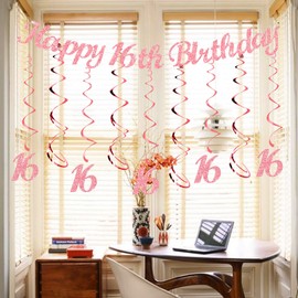 bng-bng 16th Birthday Party Decorations Rose Gold with Happy 16th Birthday Bunting 16 Banner Hanging Swirls Streamers for Girls Sixteen 16 Years Old Birthday Party Decor Supplies Photo Backdrop