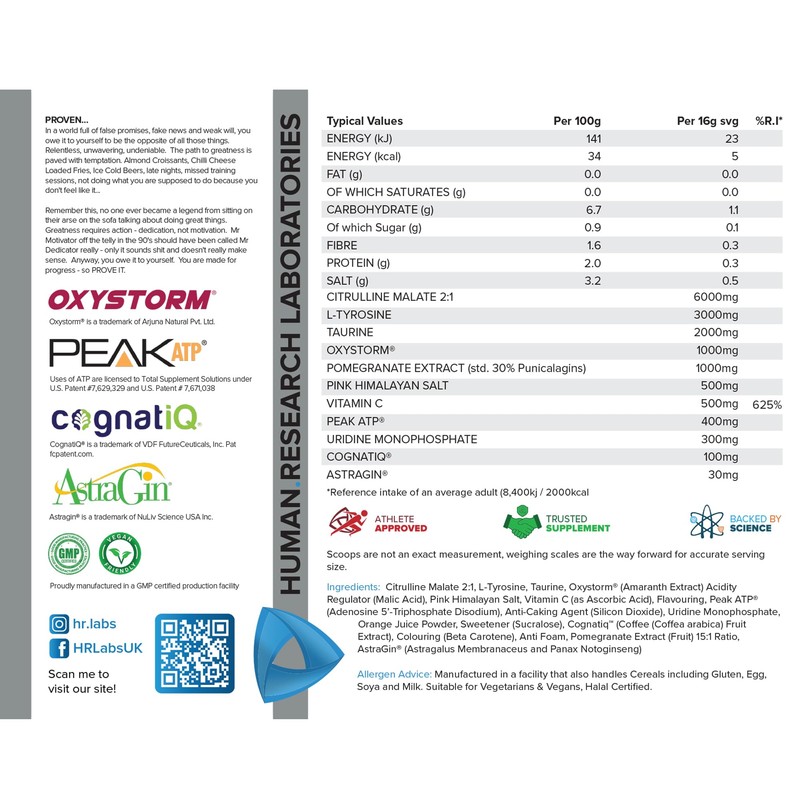 HR Labs Proven, Ultimate Stim Free Performance Pre Workout Powder,