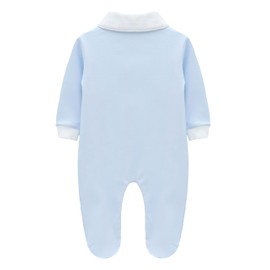 Lilax Baby Boy Gentleman Tuxedo Footie, Christmas Holiday Outfit with Bow Tie, Formal Wedding Long Sleeve Rompers (Blue,0-3 Months)