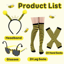 NebulaGlam NebulaGlam 4 Stück Bienen Kostüm Damen Mädchen, Bienen Haarreif Biene Bienenantenne Biene Brille Biene Fingerlose Handschuhe Biene Socken Bienenkostüm Erwachsene Kinder für Fasching Karneval Kostüm Da