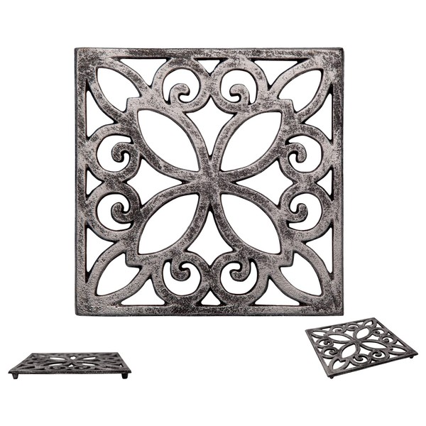 Comfify Decorative Cast Iron Trivet For Kitchen Or Dining Table | Square with Vintage Pattern -With Rubber Pegs/Feet - Recycled Metal - Vintage, Rustic Design - Rust Silver Color