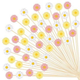 JarThenaAMCS 300Pcs Daisy Cocktail Picks White Yellow Pink Flowers Bamboo Toothpicks 3 Colors Floral Long Cocktail Appetizer Skewers Cocktail Sticks Decorative for Fruit Drink Dessert Party Supplies
