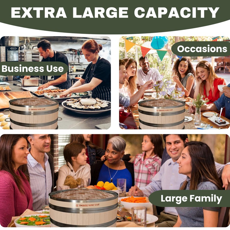 2-tier 12" Bamboo Steamer with Reinforcement & Handle, Reusable Silicone