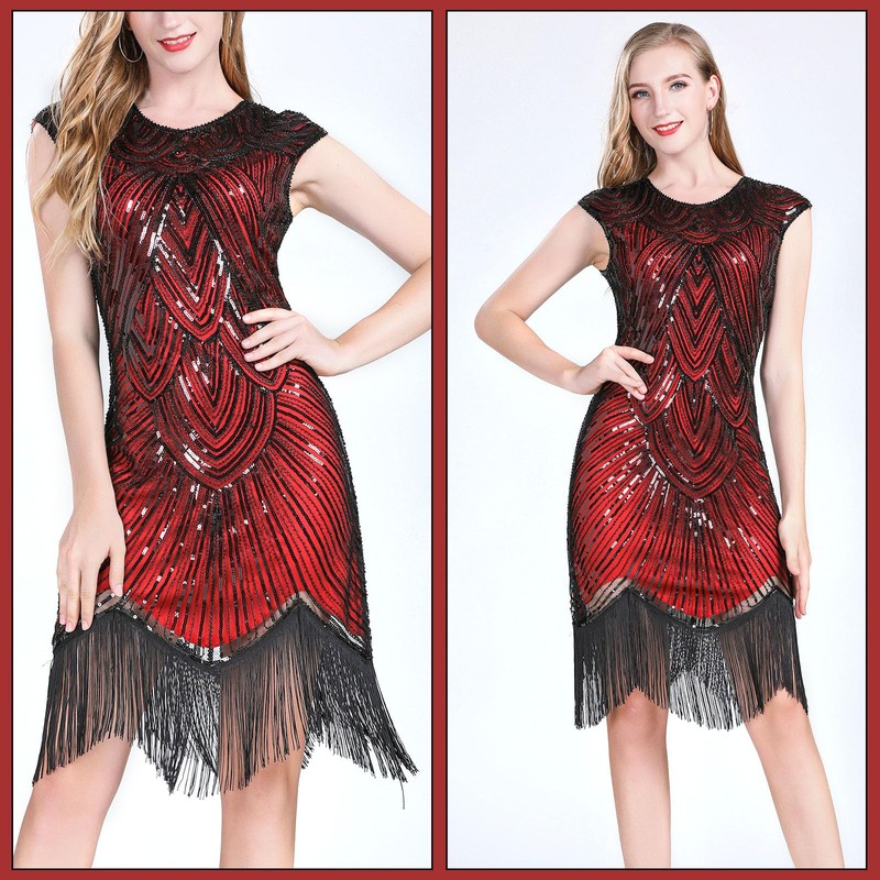 PLULON 1920s Fringe Flapper Dress with Sequins, Beads and ‘20s