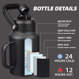 BJPKPK 64oz Insulated Water Bottle with Handle, Large Dishwasher Safe Half Gallon Water Bottle, BPA Free Water Jug, Wide Mouth Metal Water Bottle with Anti-slip Bottom, Keep Cold & Hot, Black