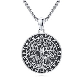 Tree of Life Necklace Men's 925 Sterling Silver Tree of Life Crow Pendant with Celtic Knot Viking Runes Amulet Raven Jewellry Gifts for Women Men 25 MM