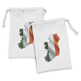 Ambesonne Ireland Map Fabric Pouch Set of 2, Modern National Flag Colors on Mapping Illustration Irish Pride, Small Drawstring Bag for Toiletries Masks and Favors, 9" x 6", White and Multicolor