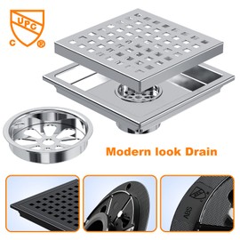 NIREU 6 Inch Square Shower Floor Drain with Removable Cover Grid Grate, SUS 304 Stainless Steel, Watermark&CUPC Certified, Chrome Finished