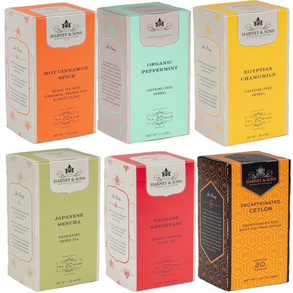 Harney & Sons Variety Pack Premium Tea Bags, 6 Flavors, 20 Tea Bags Each, (Egyptian Chamomile, English Breakfast, Hot Cinnamon Spice, Organic Peppermint, Japanese Sencha, Decaffeinated Ceylon )