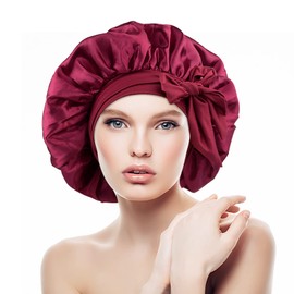 Dokpav Gorros para Regadera Mujer, Gorro Saten Pelo Rizado, Gorro de Seda para Dormir Cabello Rizado, Gorro de Noche, Bonnet Ajustable con Banda Ancha Elástica para Dormir, Belleza, Maquillaje (Rojo Vino)