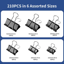 BainGesk 210 pcs Binder Clips Paper Clamps Assorted Sizes, X Large, Large, Medium, Small, Mini and Micro Metal Paper Binder Clips, Black Binding Paperwork Clamp Bulk, Office, Home, School Supplies