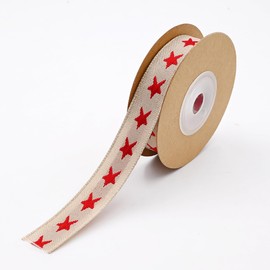 15mm 5yard Red Star Brown Cotton Linen Ribbon, Wrapping Rope Merry Christmas Pattern for DIY Birthday Present Package Favor Party Decorations