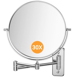 Auxmir 1X/30X Wall Mounted Makeup Mirror, 30X Magnifying Double-Sided Mirror with Tweezers, Bathroom Vanity Makeup Mirror, Cosmetic Mirror with 360 Rotation Extendable Swivel Arm, Chrome