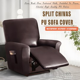 JOKIVTOU 1/2/3 Seats PU Leather Stretch Recliner Cover Sofa Cover with Side Pockets Waterproof Slipcover Recliner Couch Cover Furniture Protector with Elastic Bottom Living Room