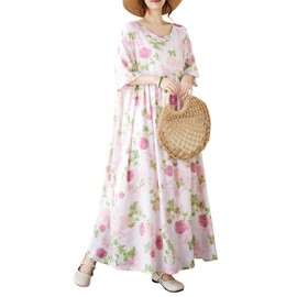 ENGLUCK Women's Plus Size Casual Dresses Pink Floral Print Loose Maxi Dress Short Sleeve O Neck Lounge Dress
