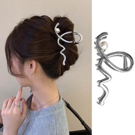 JATOMSSM 1 PCS Metal Large Claw Clips for Thick Heavy Hair, Strong Hold Big Non-Slip Hair Catch Barrette Sliver Wave Pearl Jaw Clamp for Long Hair, Fashion Styling Hair Accessories for Women Girls