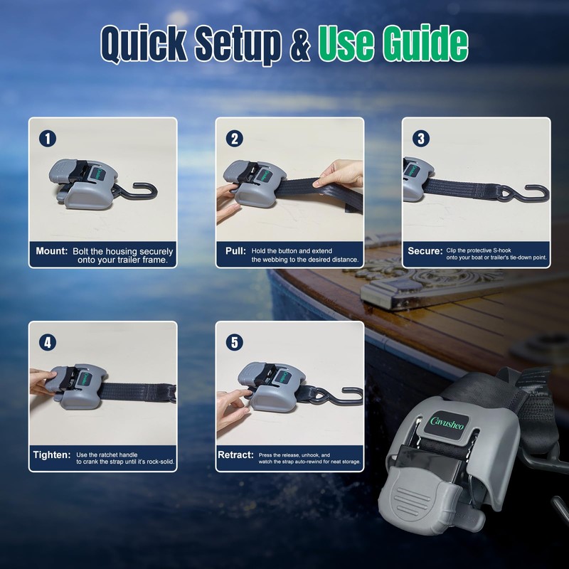 Stainless Steel Retractable Boat Transom Tie Down Straps - 2