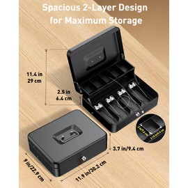 Uniclife Cash Box with Money Tray and Lock, Large Money Box for Cash Register, Safe Metal Lock Box with Key, Portable Money Saving Box, Black Metal Cash Drawer, 11.9" x 9" x 3.7"