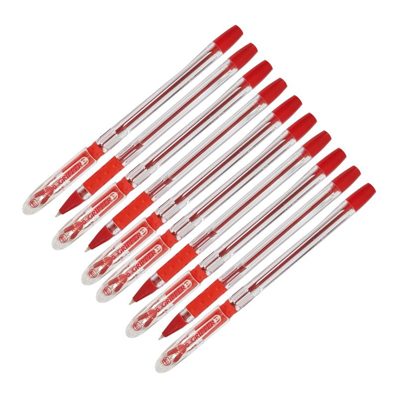 Gripper Ballpoint Pens, RED, Fine Point (0.5mm), Pack of 10,
