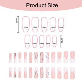 24pcs Rectangular Fake Nails White Flower Diamond Chain Pure Desire Acrylic Acid Nail French Pressing with Glue for Girls and Women