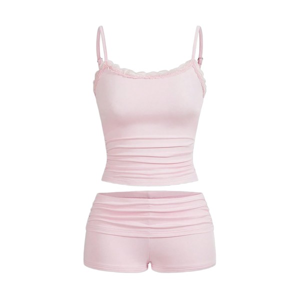 Hilinker Women Lace Trim 2 Piece Pajama Set Ruched Cami