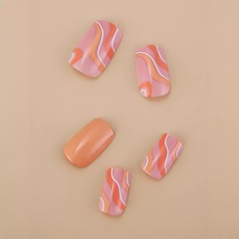 MIXFOSAHN Press on Nails Medium Square Fake Nails Nude Orange False Nails with Line Swirl Designs Glossy Full Cover Stick on Nails Glue on Nails Elegant Acrylic Nails for Women Girls 24 Pcs