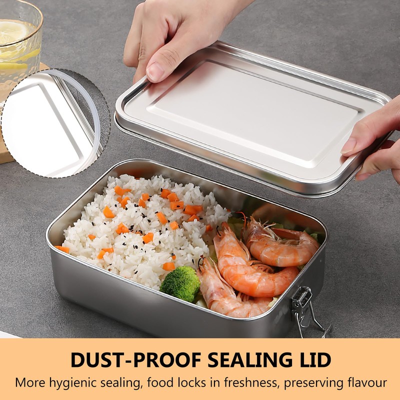 ONEVER Stainless Steel Lunch Box, Lunchbox with Lock Clip, 1400ml