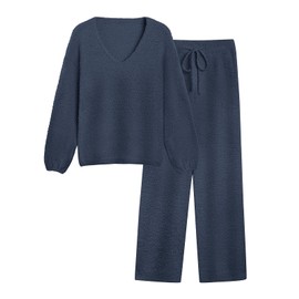 GKBK Womens 2 Piece Outfits Knit Sweater Sets Long Sleeve Loungewear Matching Lounge Set Sweatsuit Pullover Top and Wide Leg Pants 2025 Fall Travel Workout Sports Fashion Clothes Light Blue M