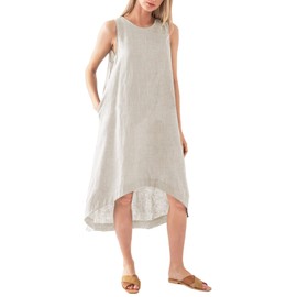 Amazhiyu Women’s 100% Linen High Low Midi Dress with Pockets for Summer Casual Flowy Dresses Linen, Medium