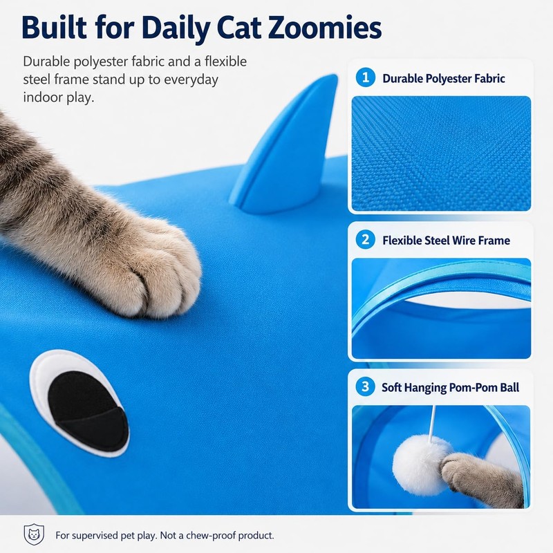 LUCKITTY Blue Shark Cat Tunnel Toy, Collapsible Pop-Up Cat Play