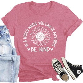 CQF Be Kind Shirt for Women Flower Letter Print Tee Tops Casual Inspirational Kindness T-Shirt