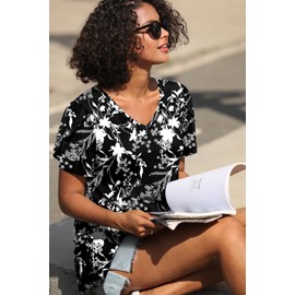 CATHY 2025 Women Tops Summer Comfy Short Sleeve V-Neck Tshirts Stretch Blouse Floral B-Windbell Large