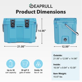 30 Quart Hard Cooler, Insulated Ice Chest Box Holds Ice for More Days, Portable Cooler with Handle, Cup Holders, Double Latches for Camping, Drink, Beverage, Beach, Picnic, Fishing, Boat, Barbecue