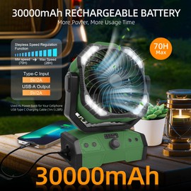 ELZO 30000mAh Camping Fan with LED Light, Max 70H Working, Cordless Portable Rechargeable Desk Tent USB Fan with Remote Hook, Head Rotation, Stepless Speed, for Home Outdoor Office Travel Fishing