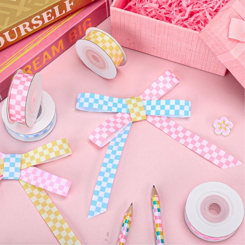 Whaline 4 Rolls Pastel Checkered Grosgrain Ribbons Fabric Craft Ribbon