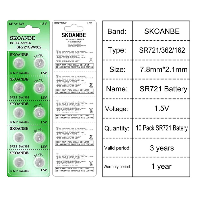 SKOANBE SR721SW 362/361/162 1.5V Button Coin Cell Watch Battery-10 Packs