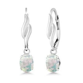 Gem Stone King 925 Sterling Silver White Simulated Opal Leverback Dangle Drop Earrings For Women (2.00 Cttw, Gemstone October Birthstone, Oval Cabochon 7X5MM)