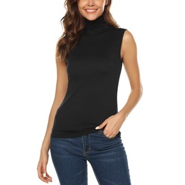 URRU playera sin mangas para mujer, con cuello alto falso, suave, básica, elástica, tallas S-XXL, Negro -, S
