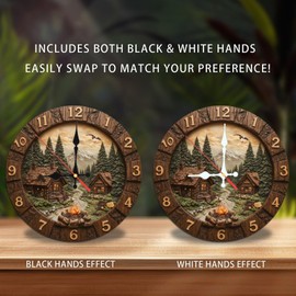 Rustic Cabin Mountain Scene Wall Clock Wood Log Cabin Home Decor 10-Inch Wooden Wall Clock, Silent Movement, Battery Operated (AA Batteries Not Included), Artistic Home Decor, Perfect for Home Accents