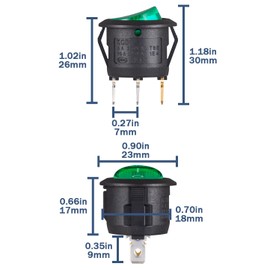 VEXUNGA Pack of 10 Rocker Switches 3-Pin Round Rocker Switch Green Illuminated On/Off AC 6A 250V 10A 125V SPST 3Terminals Round Switch Green Light Mini Car Built-in Switch for Car Boat