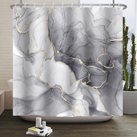 Kzzfqxb 105x160cm Shower Curtains with Plastic Hooks, Waterproof Occluded Grey Marble Texture Golden Curve Lines Flowing Smoke Art Pattern for Bath, Polyester Fabric for Bathroom Bathtub