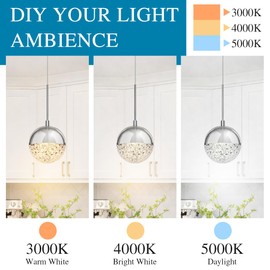 Xbuyee Crystal Globe Pendant Light, Chrome Chandelier for Kitchen Island, Adjustable Modern LED Pendant Light for Dining Room, 8W 3000/4000/5000K CCT Selectable, Dimmable, ETL 1-Pack
