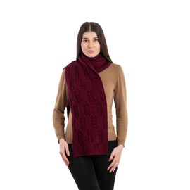 SAOL Aran Fisherman Leaf Scarf for Women, Irish Traditional Merino Wool Muffler Ladies Made in Ireland, Wine, One Size